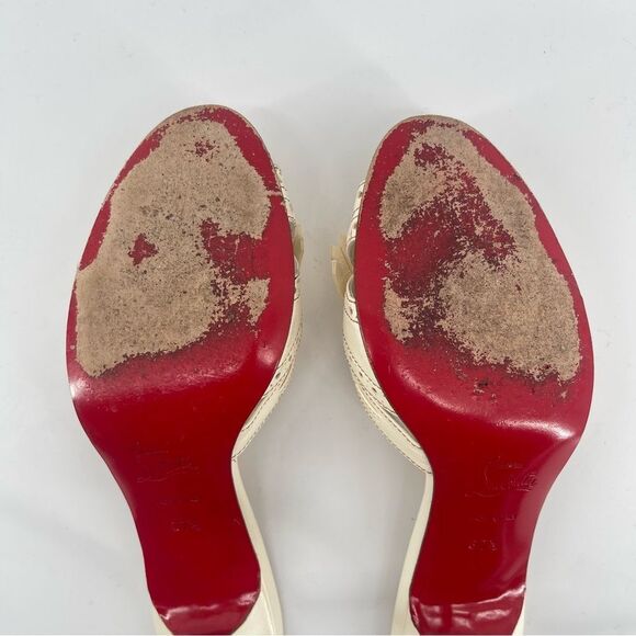 Christian Louboutin Fringe Peep Toe Mule Sandals Cream Leather EU 37.5 Heels - Picture 6 of 16